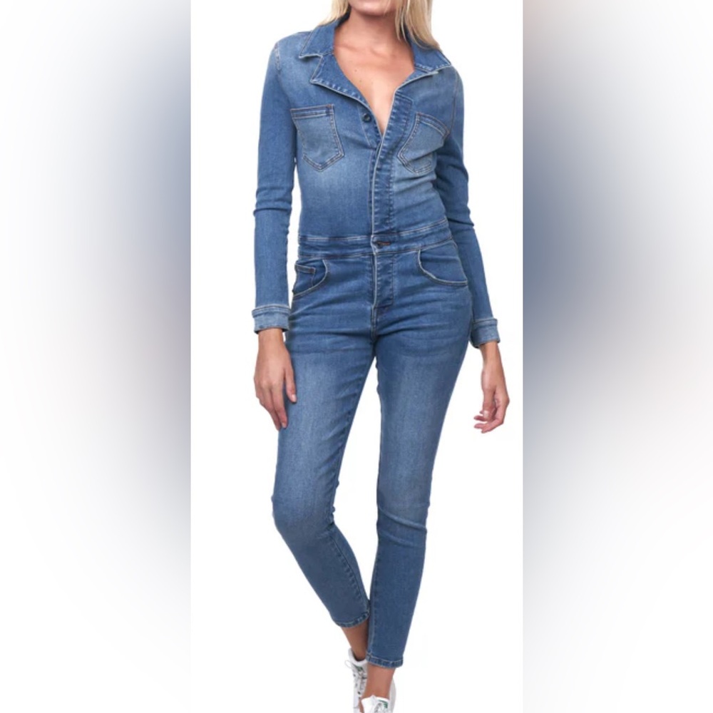 Etienne Marcel Button Front Stretch Denim Jumpsuit